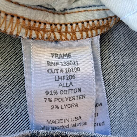 FRAME Le High Flare Jeans Size 29 Medium Wash Whiskering Raw Hem Stretchy - Picture 10 of 12